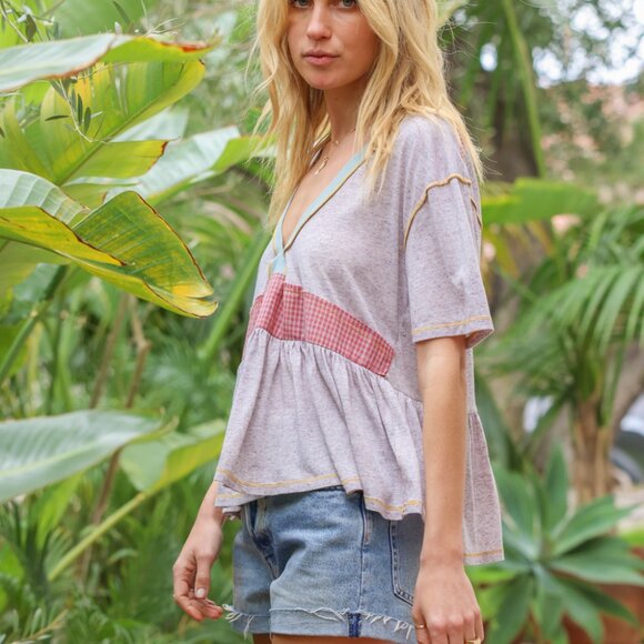 HEM & THREAD Boho Patchwork Peplum Tee | Mixed Fabric V-Neck Top - Picture 7 of 9